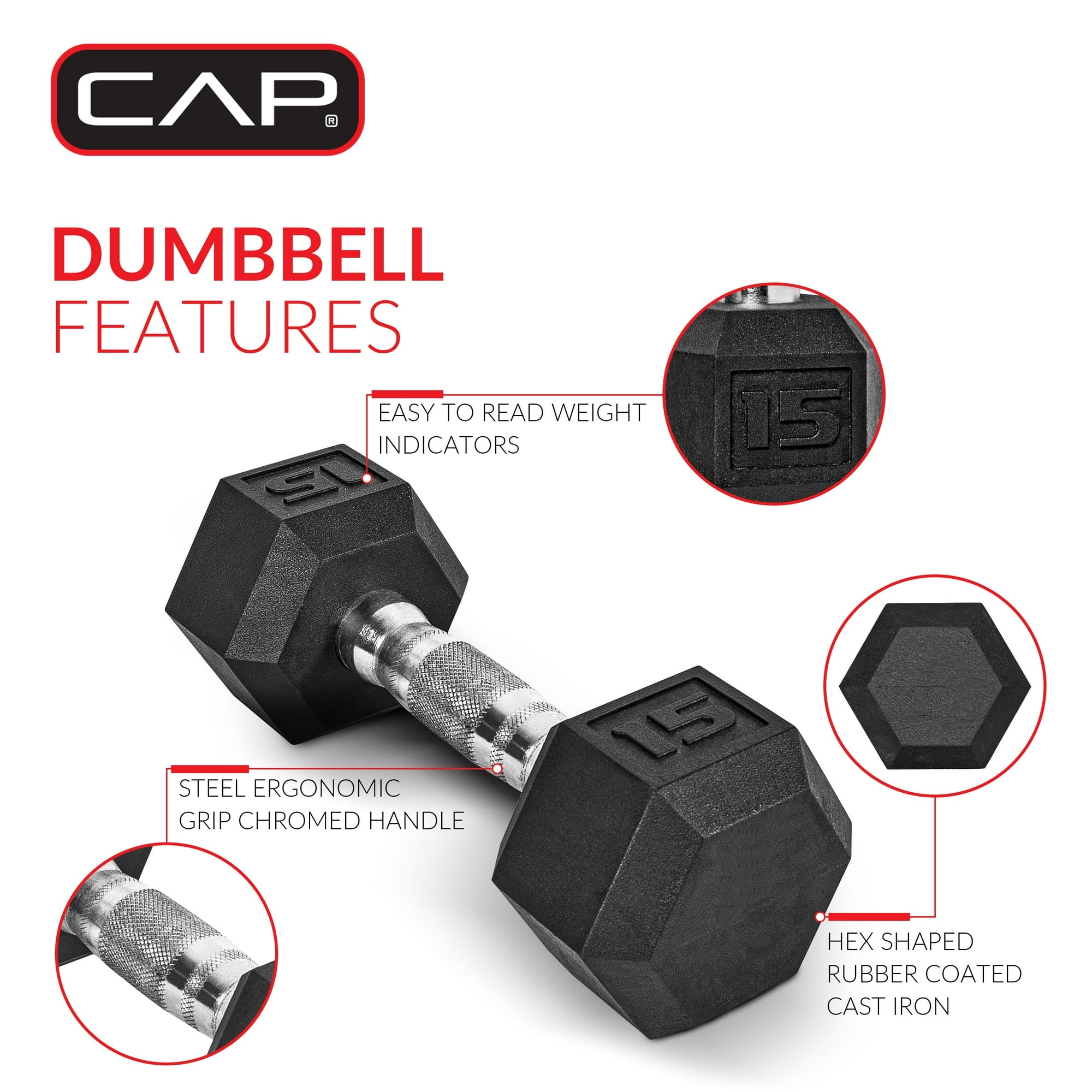 CAP Barbell, 12lb Coated Rubber Hex Dumbbell, Pair