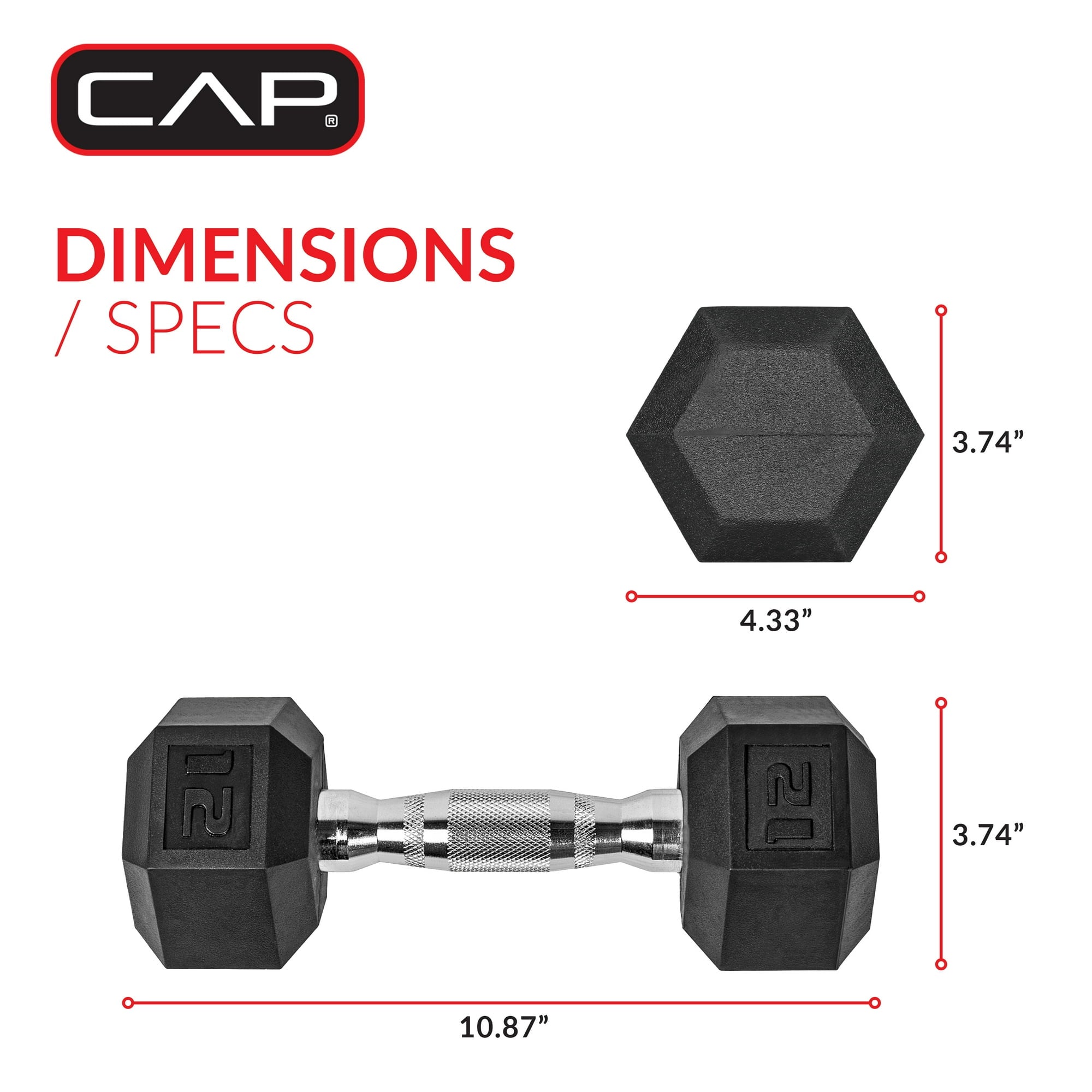 CAP Barbell, 12lb Coated Rubber Hex Dumbbell, Pair