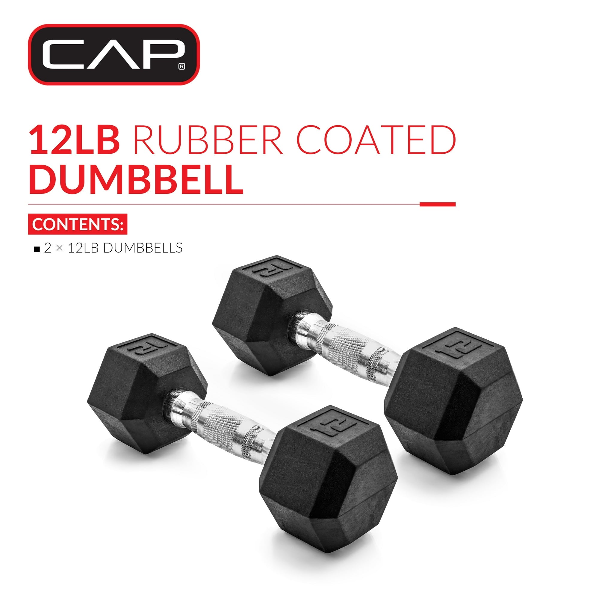 CAP Barbell, 12lb Coated Rubber Hex Dumbbell, Pair